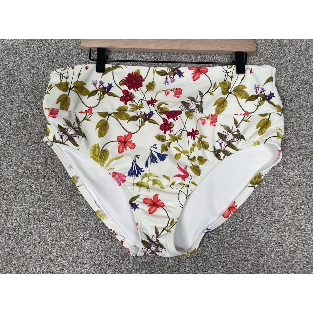 Lands' End High Waisted Swim Bikini Bottoms Sz Large 14-16 White Garden Floral